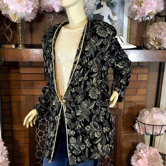 VINTAGE DONNKENNY BLACK & GOLD BROCADE 1980'S CARDIGAN (M) - Picture 6 of 11
